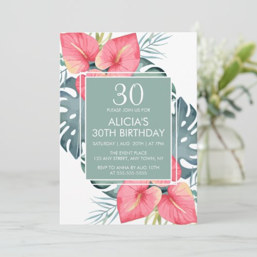 Chique Tropische Anthurium & Monstera Verjaardag Kaart (Staand voorkant)