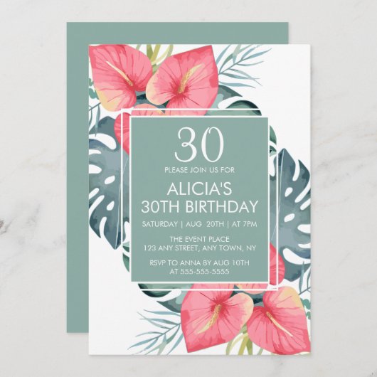 Chique Tropische Anthurium & Monstera Verjaardag Kaart (Voorkant / Achterkant)