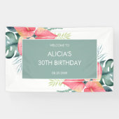 Chique Tropische Anthurium & Monstera Verjaardag Spandoek (Horizontaal)