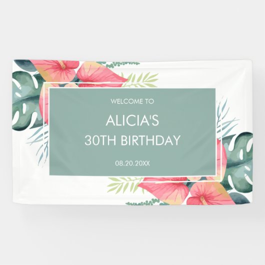 Chique Tropische Anthurium & Monstera Verjaardag Spandoek (Horizontaal)