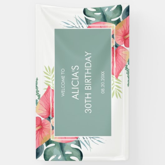 Chique Tropische Anthurium & Monstera Verjaardag Spandoek (Verticaal)