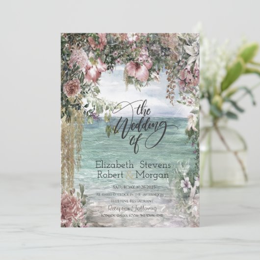 Chique tropische bloemen oceaan bruiloft kaart (Staand voorkant)