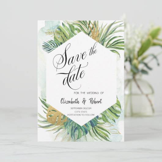 Chique tropische palmbladeren zomer de datum opsla save the date (Staand voorkant)