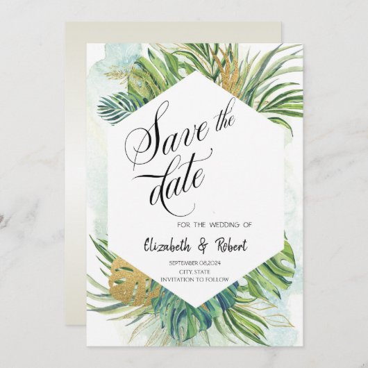 Chique tropische palmbladeren zomer de datum opsla save the date (Voorkant / Achterkant)