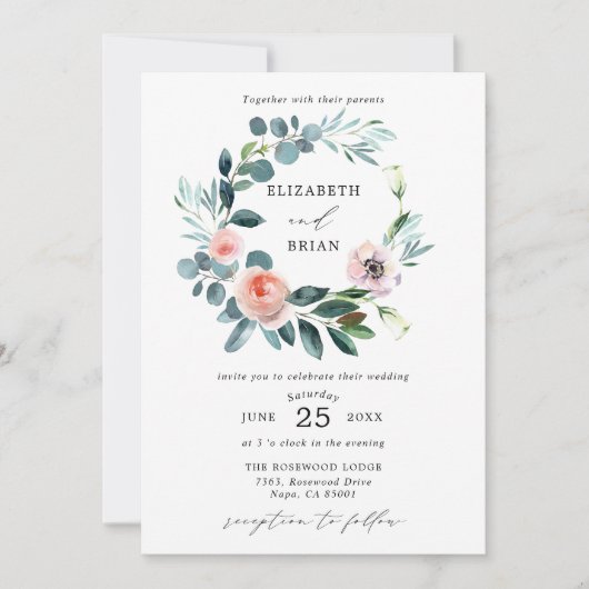 Chique Tuin Roos Bloemen Krans Bruiloft Uitnodigin Kaart (Voorkant)