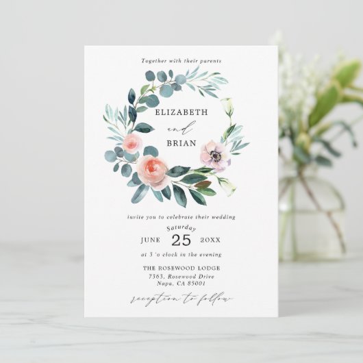 Chique Tuin Roos Bloemen Krans Bruiloft Uitnodigin Kaart (Staand voorkant)