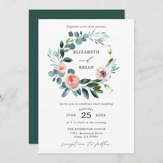 Chique Tuin Roos Bloemen Krans Bruiloft Uitnodigin Kaart (Voorkant / Achterkant)