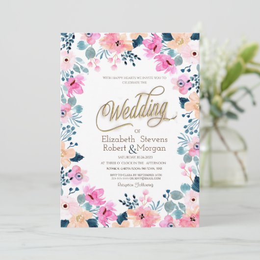 Chique tuin roze bloemen bruiloft kaart (Staand voorkant)