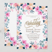 Chique tuin roze bloemen bruiloft kaart (Voorkant / Achterkant)