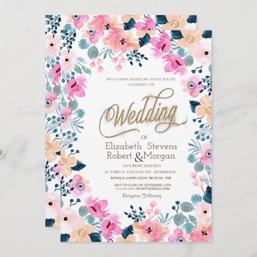 Chique tuin roze bloemen bruiloft kaart (Voorkant / Achterkant)