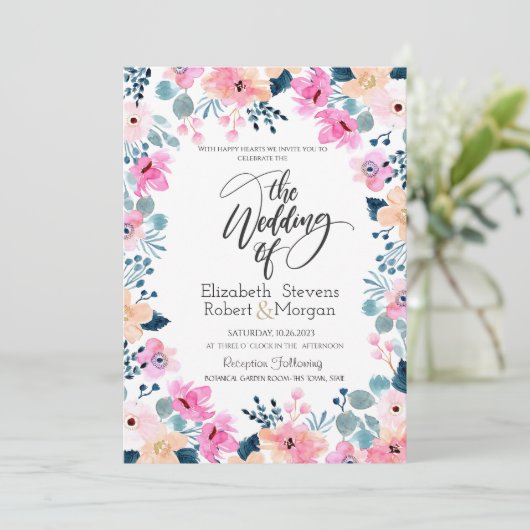 Chique tuin roze bloemen bruiloft uitnodiging (Staand voorkant)