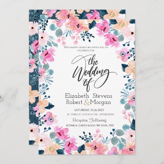 Chique tuin roze bloemen bruiloft uitnodiging (Voorkant / Achterkant)