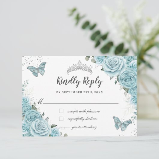 Chique Turquoise Blauwe Bloemachtige Quinceañera V RSVP Kaartje (Staand voorkant)