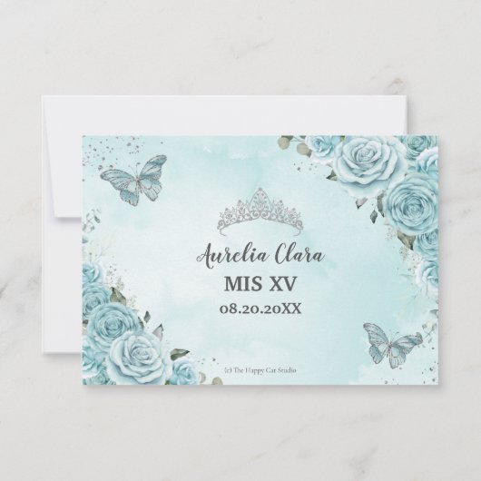 Chique Turquoise Blauwe Bloemachtige Quinceañera V RSVP Kaartje (Achterkant)