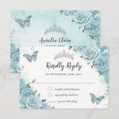 Chique Turquoise Blauwe Bloemachtige Quinceañera V RSVP Kaartje (Voorkant / Achterkant)