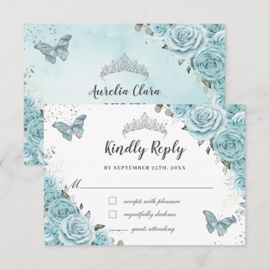 Chique Turquoise Blauwe Bloemachtige Quinceañera V RSVP Kaartje (Voorkant / Achterkant)