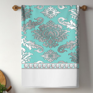 Chique turquoise blauwe damasten keukenhanddoeken