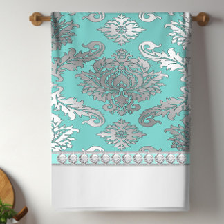Chique turquoise blauwe damasten keukenhanddoeken