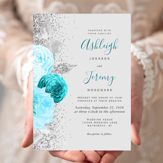 Chique Turquoise Bloemen Zilver Glitter Grijs Brui Kaart