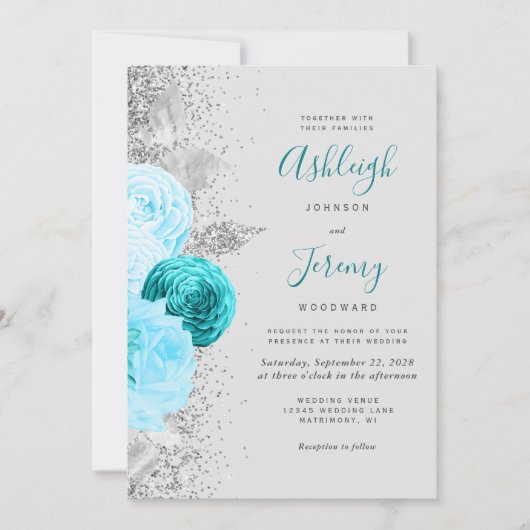 Chique Turquoise Bloemen Zilver Glitter Grijs Brui Kaart (Voorkant)