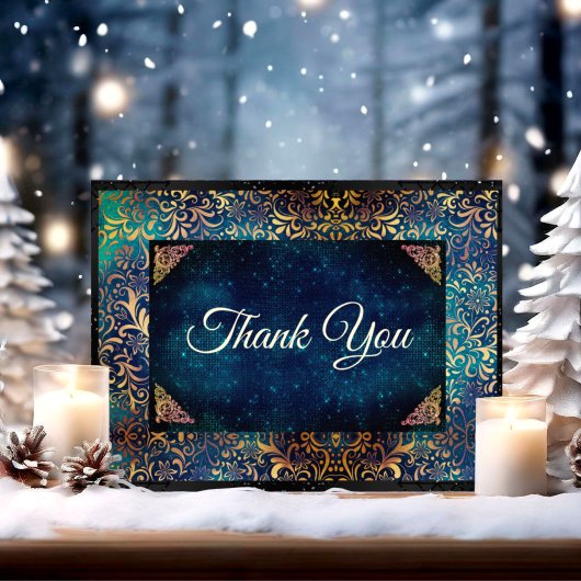 Chique turquoise bloemmotief namaak goud bedankkaart