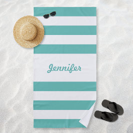 Chique turquoise en witte strepen Persoonlijk Strandlaken