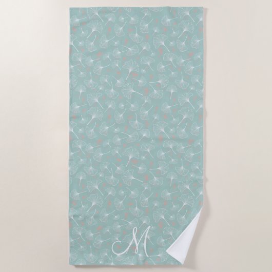 Chique turquoise ginkgo bladeren monogram strandlaken (Voorkant)