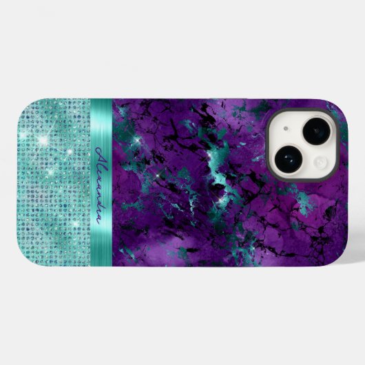 Chique Turquoise Paarse Marmer Faux Glitter Monogr Case-Mate iPhone Case (Achterkant (horizontaal))