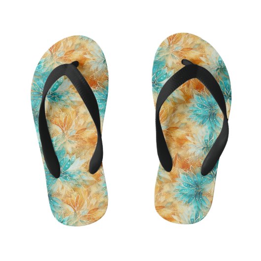 Chique Turquoise Perzik Sinaasappel Bloemen Kinder Teenslippers (Voetbed)