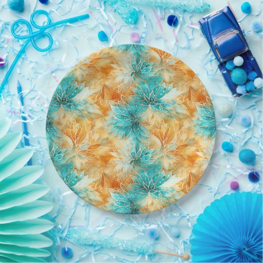 Chique turquoise Sinaasappels bloemen Papieren Bordje (Feest)