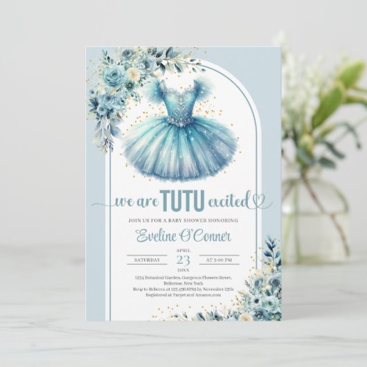 Chique turquoise tutu jurk bloemengoud sparkles kaart (Staand voorkant)