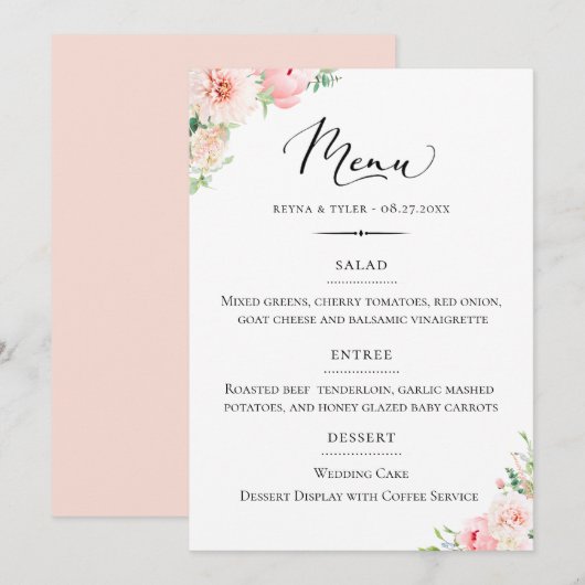 Chique Typografie Blush Roze Bloemen Bruiloft Menu (Voorkant / Achterkant)