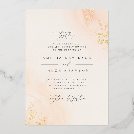 Chique Typografie Blush Roze Waterverf Bruiloft Folie Uitnodiging (Voorkant)