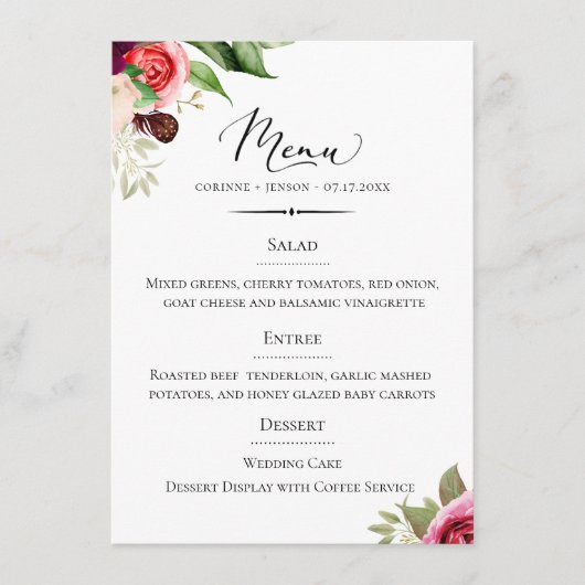 Chique Typografie Bohemian Floral Bruiloft Menu (Voorkant)