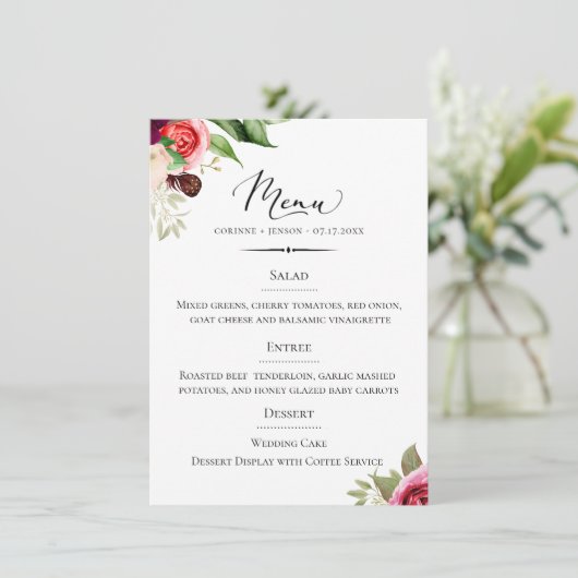 Chique Typografie Bohemian Floral Bruiloft Menu (Staand voorkant)