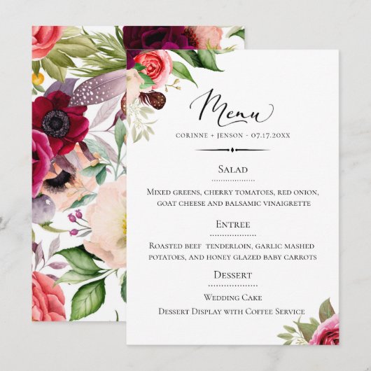 Chique Typografie Bohemian Floral Bruiloft Menu (Voorkant / Achterkant)