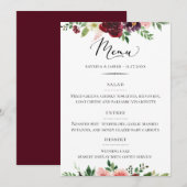 Chique Typografie Bourgondië Blush Bloemen Bruilof Menu (Voorkant / Achterkant)