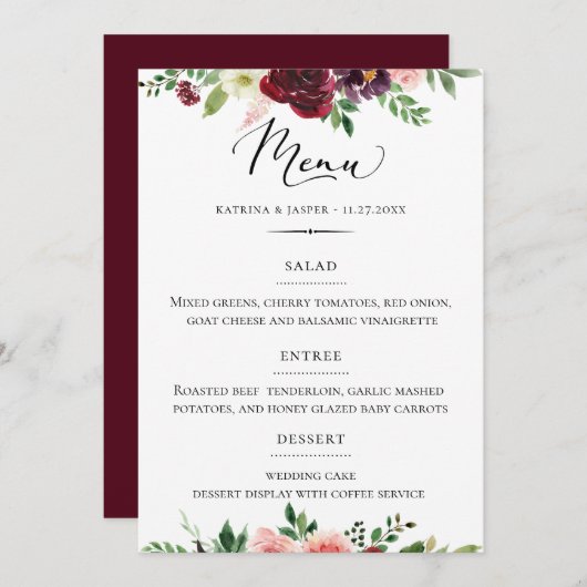 Chique Typografie Bourgondië Blush Bloemen Bruilof Menu (Voorkant / Achterkant)