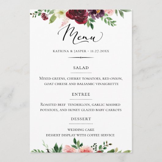 Chique Typografie Bourgondië Blush Bloemen Bruilof Menu (Voorkant)