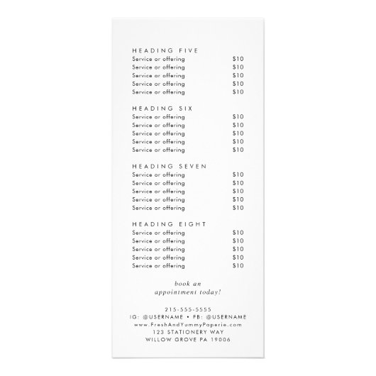 Chique Typografie Dubbelzijdige zakelijke prijslij Reclamekaart (Achterkant)