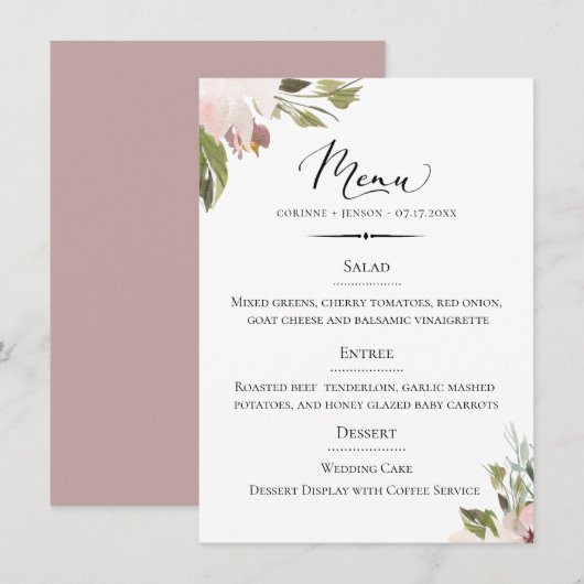 Chique typografie Dusty Mauve Botanische bruiloft Menu (Voorkant / Achterkant)