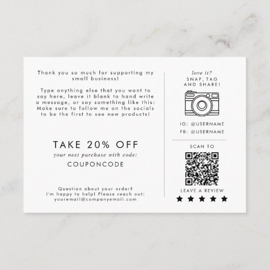 Chique Typografie Handgemaakt met Liefde Dank u Be Informatiekaartje (Achterkant)