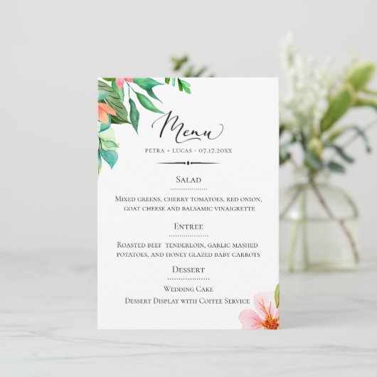Chique Typografie Island Bloemenbruiloft Menu (Staand voorkant)