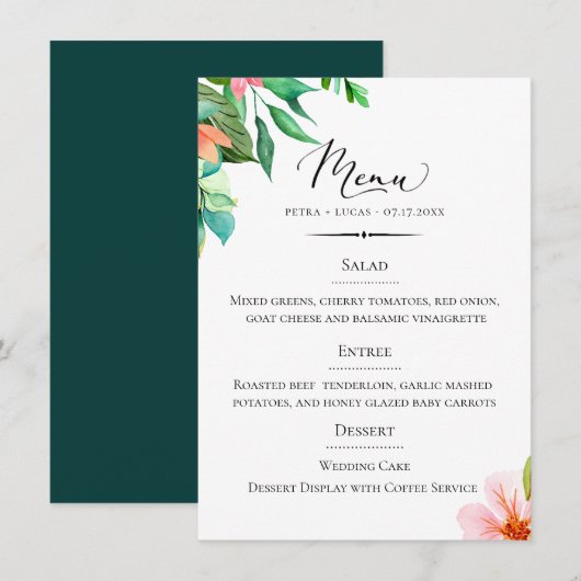 Chique Typografie Island Bloemenbruiloft Menu (Voorkant / Achterkant)