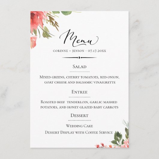 Chique Typografie Koraal Bloemen Bruiloft Menu (Voorkant)