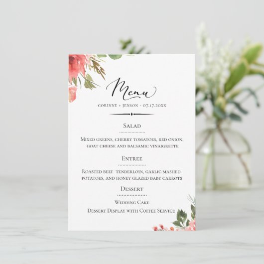 Chique Typografie Koraal Bloemen Bruiloft Menu (Staand voorkant)