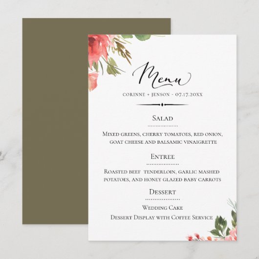 Chique Typografie Koraal Bloemen Bruiloft Menu (Voorkant / Achterkant)