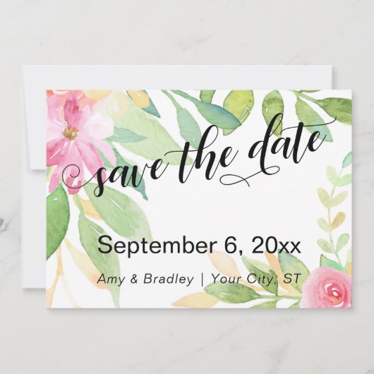 Chique typografie roze boho waterverf bloemen save the date (Voorkant)