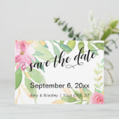 Chique typografie roze boho waterverf bloemen save the date (Staand voorkant)