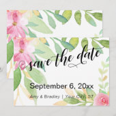 Chique typografie roze boho waterverf bloemen save the date (Voorkant / Achterkant)